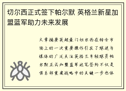 切尔西正式签下帕尔默 英格兰新星加盟蓝军助力未来发展
