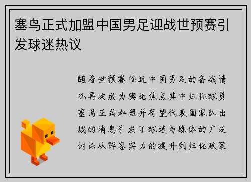塞鸟正式加盟中国男足迎战世预赛引发球迷热议 塞鸟正式加盟中国男足迎战世预赛引发球迷热议